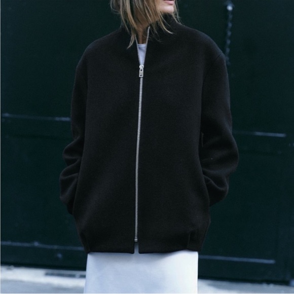 NWT ZARA BLACK MANTECO WOOL BOMBER COAT ZW COLLECTION SIZE MEDIUM - Picture 5 of 16